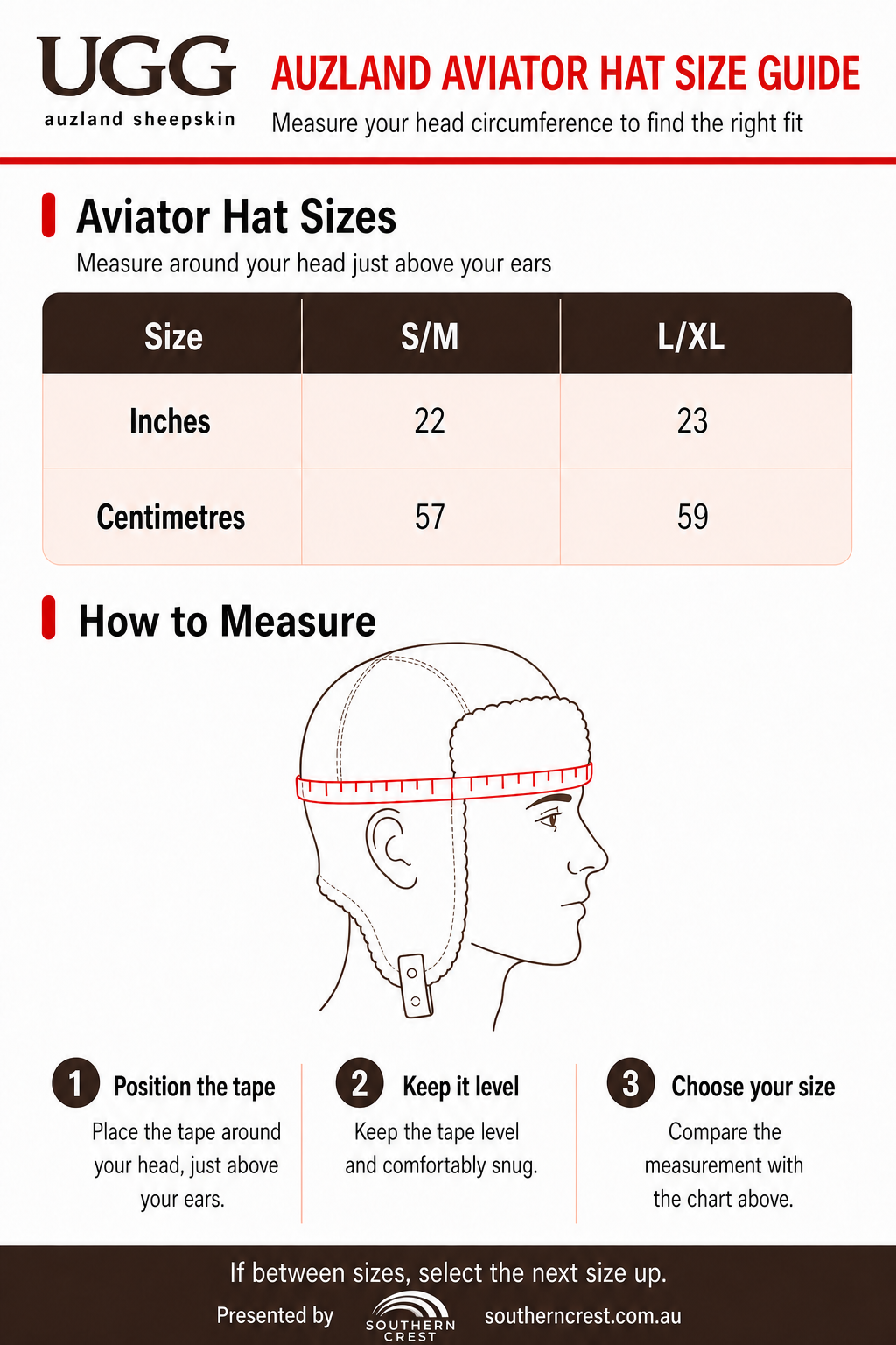 Size guide for UGG Sheepskin Wool Aviator Hat