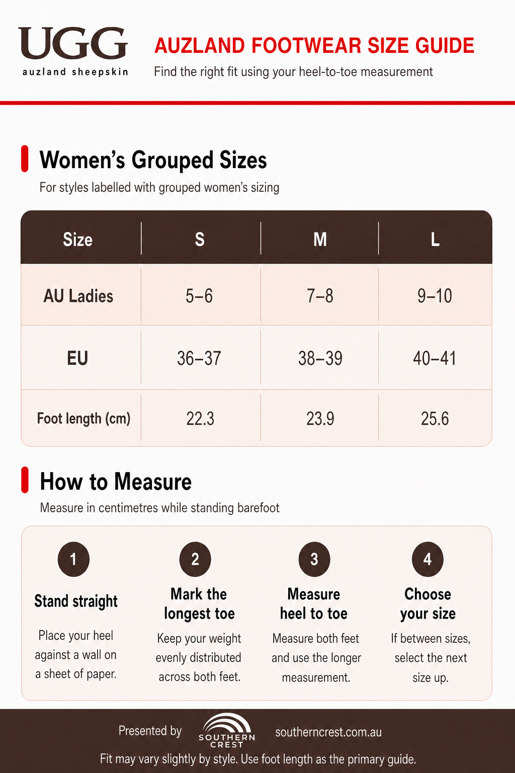 Size guide for UGG Crossover Fluff Slippers