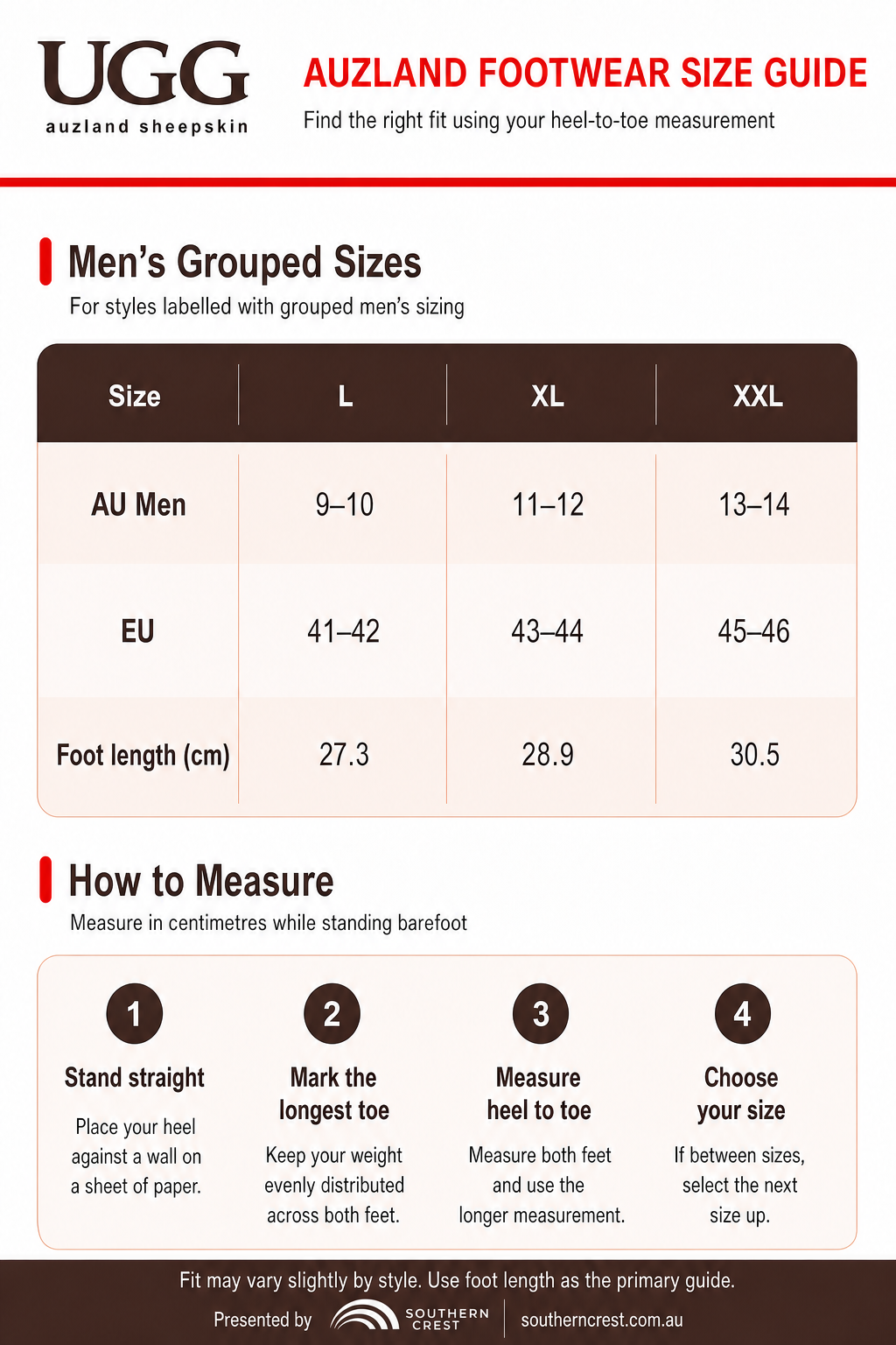 Size guide for UGG Classic Men’s Scuffs