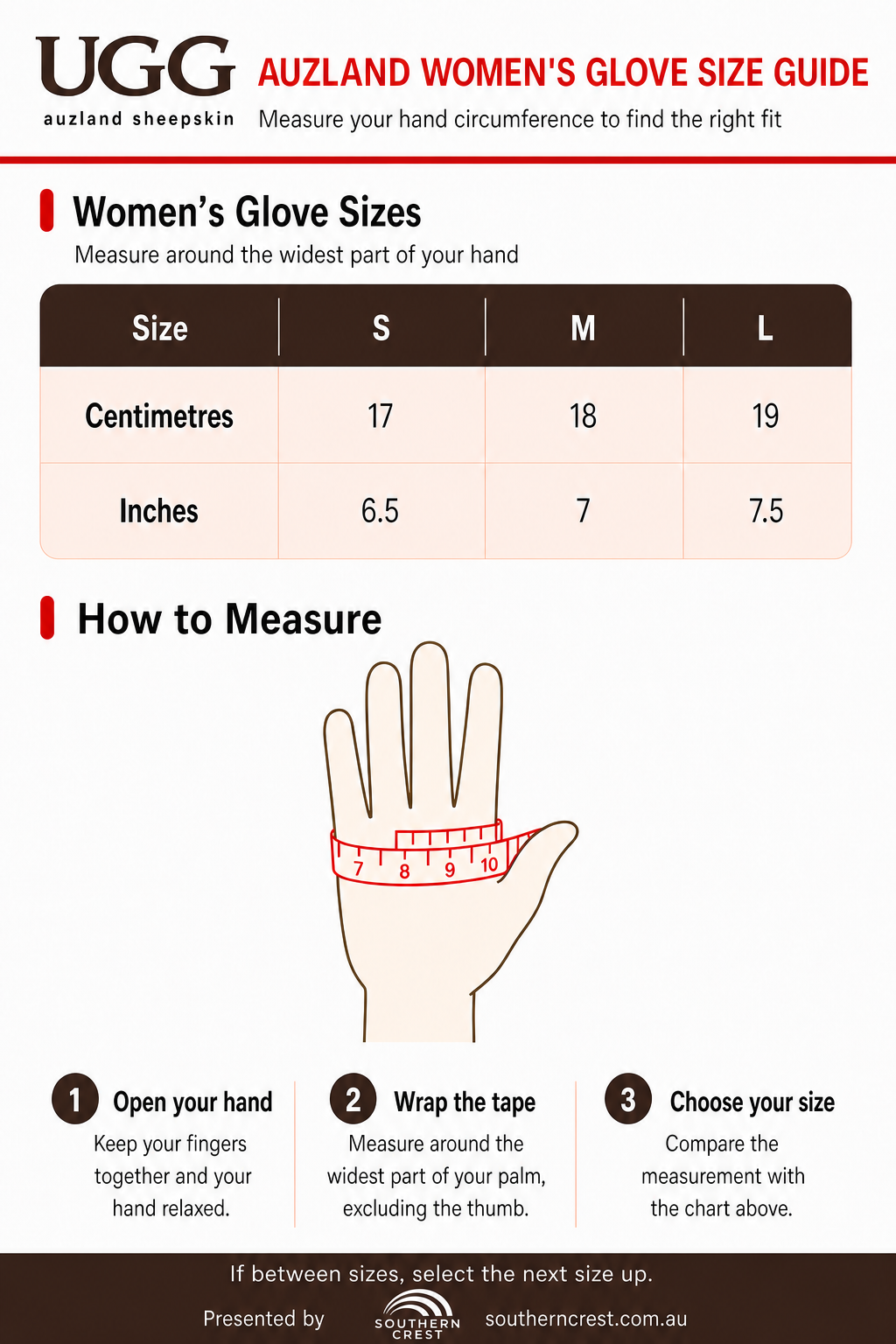Size guide for UGG Sheepskin Mitten Gloves
