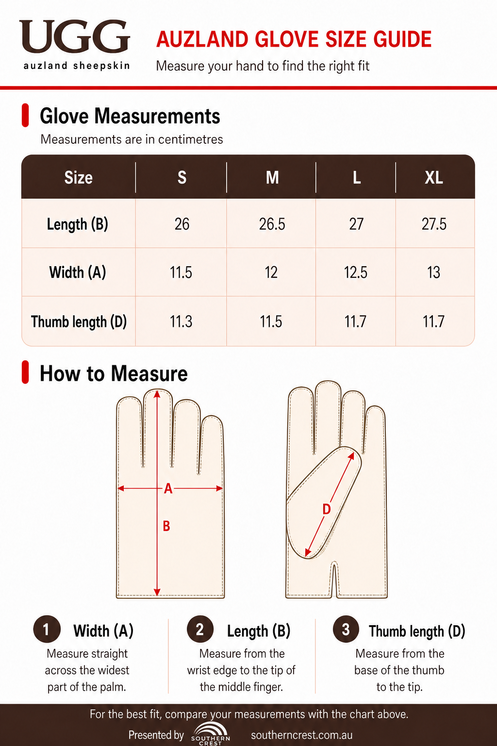 Size guide for UGG Men's Nappa Silver Stud Gloves